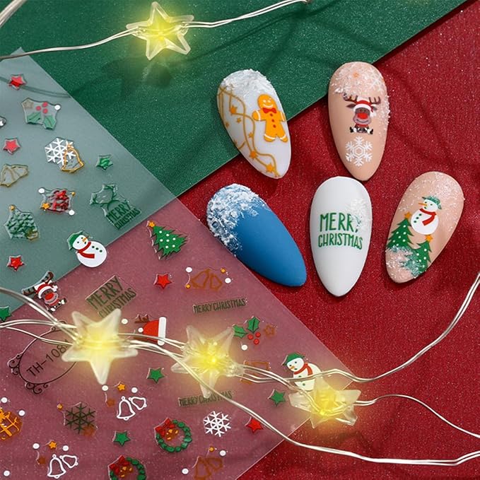 Zoance 8 Sheets Christmas Nail Art Stickers Decals Self-Adhesive Pegatinas Uñas Navidad Snowflake Snowman Nail Supplies Holiday Nail Art Design Decoration Accessories