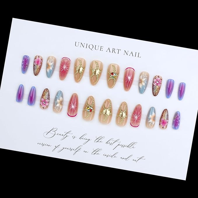 Long Press on Nails Almond Ombre Flowers Stick on Nail for Women 24pcs