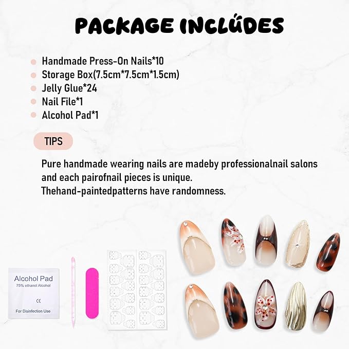 Handmade Press on Nails Full Cover False Nails with Vintage Leopard Print French Tip Designs Medium Almond Flower Press on Nails Glossy Thickened Golden Embossed Acrylic Nails for Women（Size M）