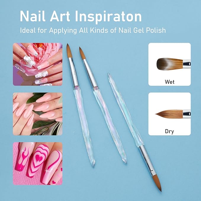 3PCS Acrylic Nail Brush Set, Size 8/10/12 Professional Nail Brushes for Application Acrylic Powder Brush for Nail Art DIY Home Salon Nail Manicure Tool