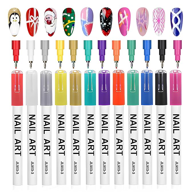 12 Colors 0.5mm Tip Nail Art Pens, Water Based Nail Art Marker Pens for Painting Nail Point Graffiti Dotting Liner Pen for Home Salon Quick Dry Manicure