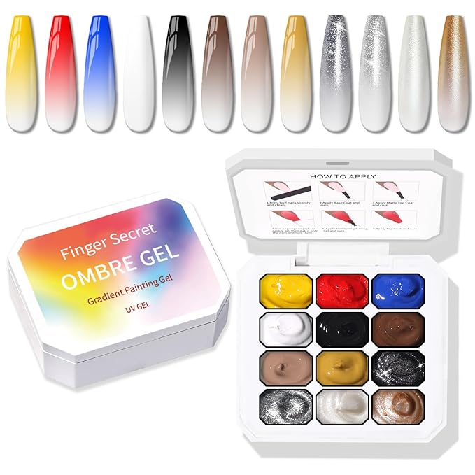 Metallic Gel Polish Set, Glitter Golid Silver Brown Blue Red, 12 Colors Ombre Patting Gel Nail Polish Palette,4 Sponges, Painting Art No Wipe UV/LED Cured (Palette F)