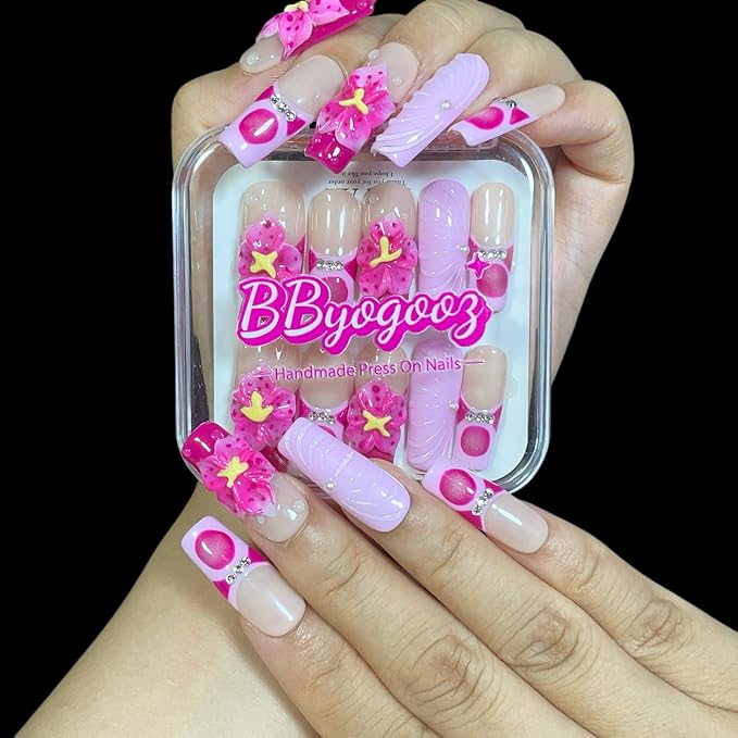 Handmade Press On Nails, Medium Long Square, 3D Floral Design, Nude Base with Rose Red Flowers, Rhinestone Accents, Reusable Acrylic False Nails (Duo Blossom, S)