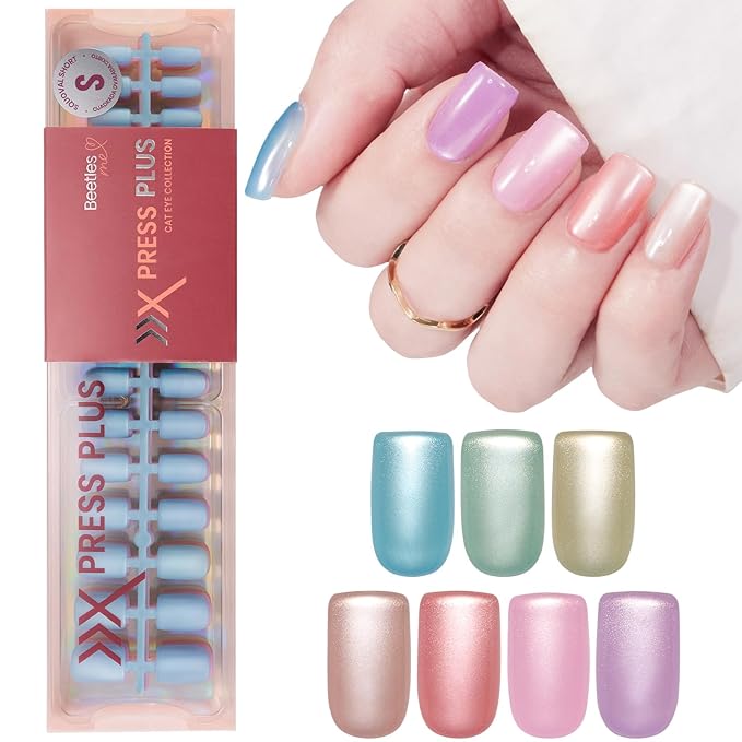 Beetles X Press Cat Eye Nails - Fizz Aurora | 7 Colors Short Square Press On Nails | 16 Sizes 224 Pcs Natural Salon Quality Soft Nail Gel Art DIY For Women