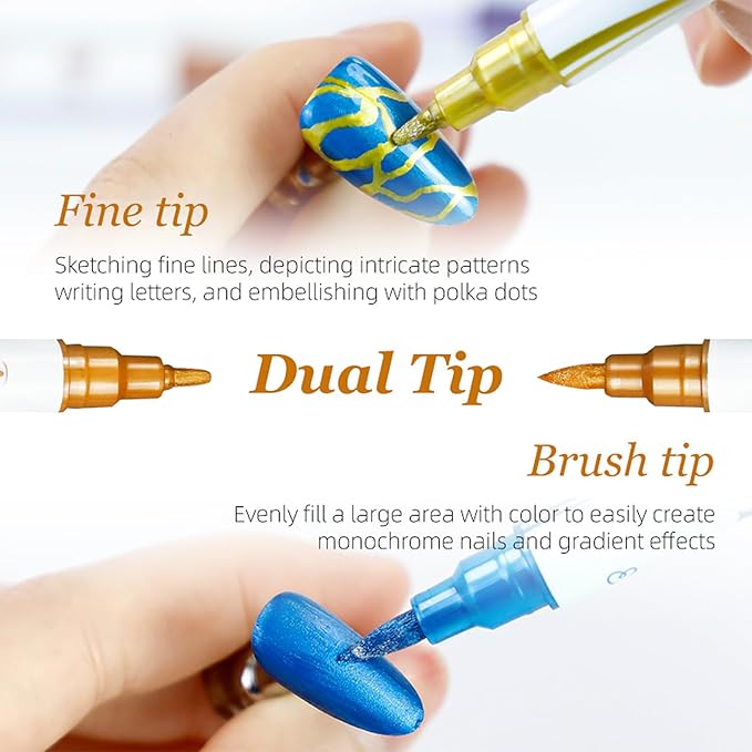 Metallic Nail Art Pens Set, 10 Colors Double-Ended Nail Marker Pens for Nail Design, Water-Based Quick Dry Paint Pens for DIY Manicure, Dotting Line Painting for Home & Salon