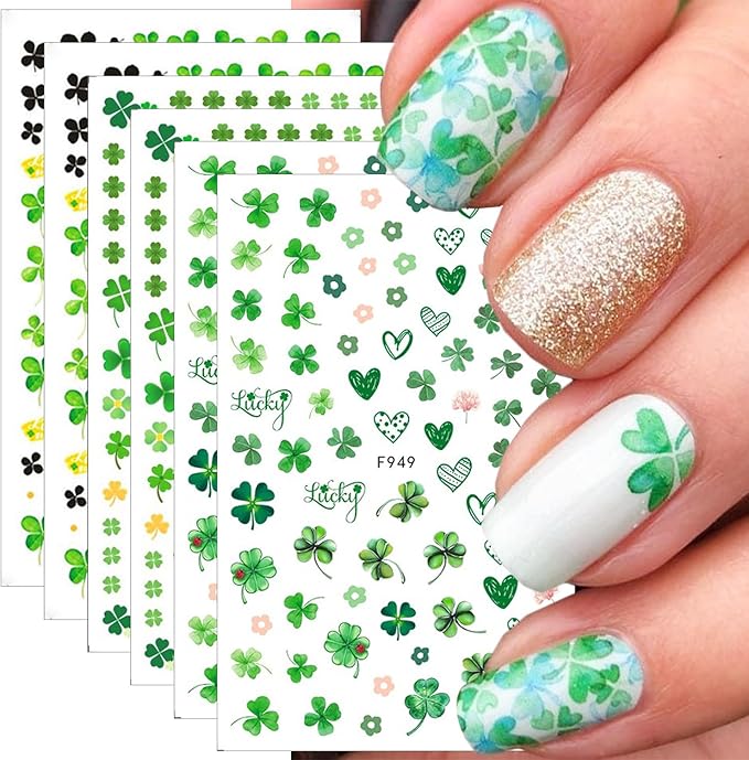 6 Sheets St. Patrick's Day Nail Art Stickers 3D Self-Adhesive Green Shamrock Nail Decals Clover Nail Stickers Luck Leaf of Irish Nails Designs St. Patrick's Day Nails Supplies for Women Manicure DIY