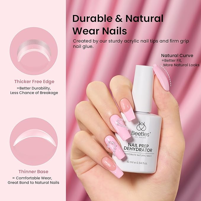 Beetles Gel Nail Kit Etch-X, Medium Square, 576pcs 12Size, with Nail Dehydrator and Primer, Solid Glue Mini Lamp, Half Matte Gel Nail Tips Acrylic Tips Easy DIY Extension Set Gift for Women