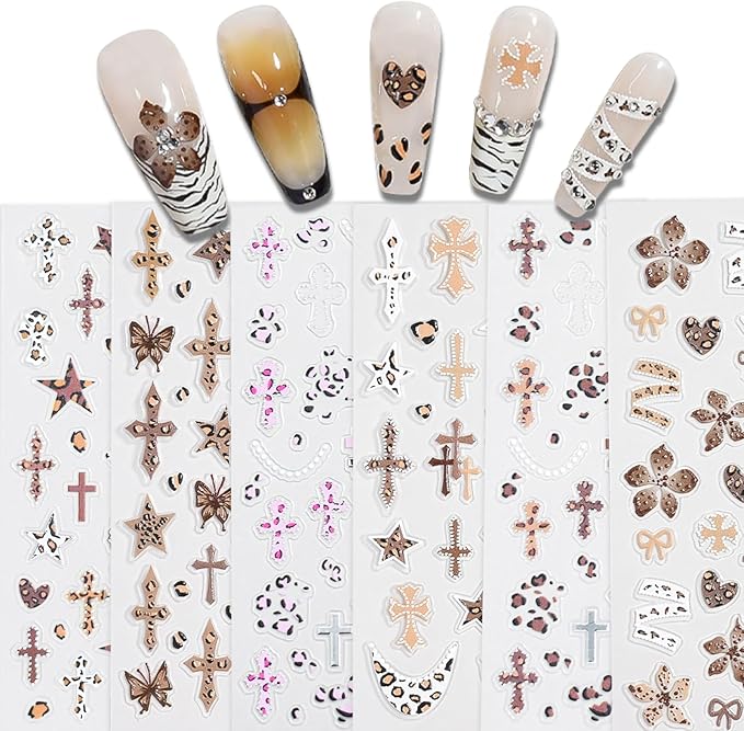 6 Sheets Leopard Print Cross Nail Stickers for Nail Art, Coquette Nail Decals,Leopard Flower Star Heart Butterfly 3D Self-Adhesive Nail Art Stickers Design for Women DIY Manicure Decoration YX1228