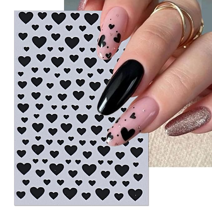 Valentine's Day Nail Art Stickers - Sexy Red Black Heart Nail Decals, Self-Adhesive White Love for DIY 3D Nail Supplies Decoration (4 Sheets)
