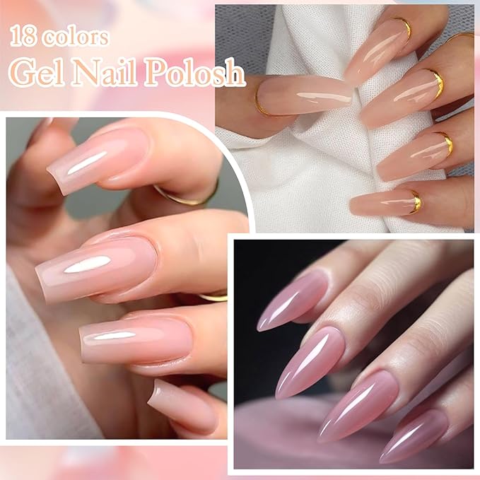 Jelly Gel Nail Polish Set, 18 Colors Translucent Nude Pink Milky White Red Gel Polish Sheer Crystal Ice Nail Polish Set for Nail Salon DIY Home Holiday Gifts for Her