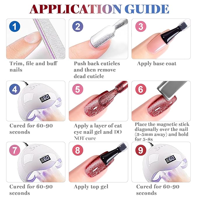 RARJSM Diamond Glitter Cat Eye Gel Polish Set 6 Pcs Sparkle Black Silver Red Blue Brown Nude Color Velvet Ice Jelly Glass Milky Way Cateye Gelpolish with Magnet Stick Curing Requires Home Manicure