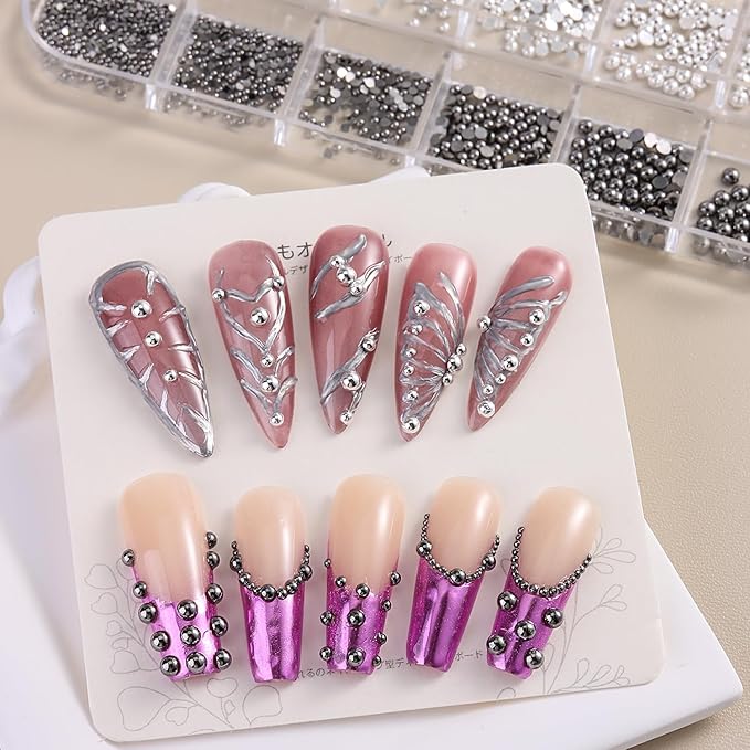 Nail Caviar Beads Set, Mixed Size Silver & Black Metal Alloy Nail Beads for Nail Art, Half-Round Flatback Y2K Nail Decorations Accessories with Tweezers, Professional Manicure Supplies
