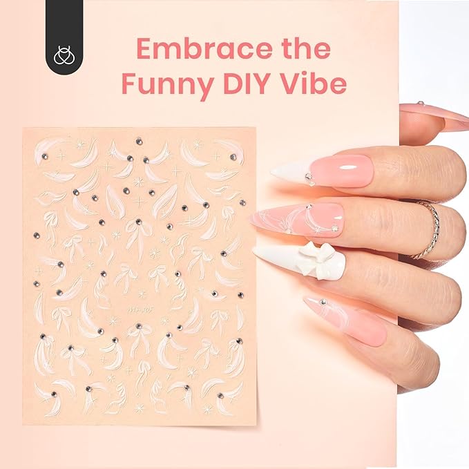 Beetles Gel Top Coat With 6 Pcs Nail Stickers for Nail Art, 5D Rhinestones Sticker Embossed White Flower Design with Nail Tweezer Pegatinas Uñas Nail Gems Decorations for Women