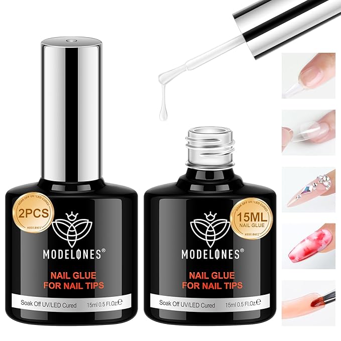 modelones 10 in One Gel Nail Glue Base Coat Brush On Nail Glue 15 ml for Tips, Rhinestones, Blooming Art Gel Kit for Press on Nails Acrylic Tips U V Lamp Needed 2Pcs