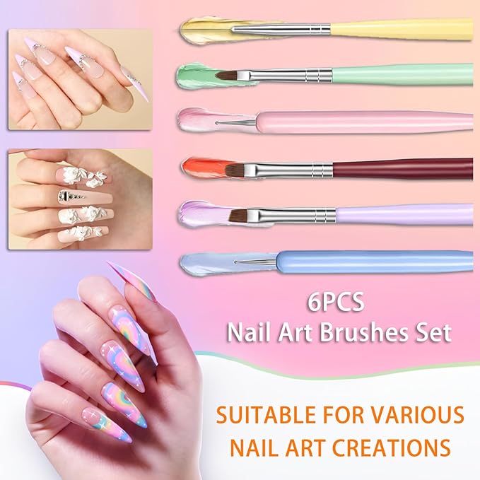 6PCS Nail Art Brushes Set, Nail Brushes for Nail Polish Nail Design Brush Gel Nail Brush for Nail Extension Nail Art Liner Brush Nail Dotting Pen Tool (N6 MKL)