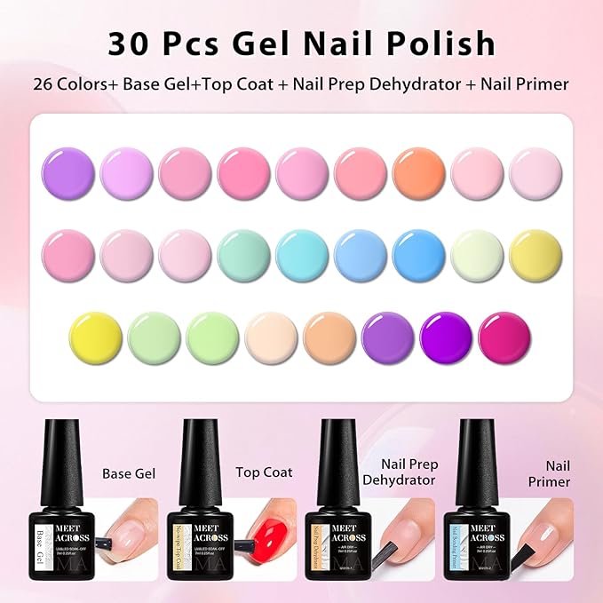 MEET ACROSS Nude Gel Nail Polish Set 26 Colors Gel Polish Pastel Green Sky Blue Lilac Purple Nail Polish DIY Manicure Gifts for Women 30Pcs*7ml