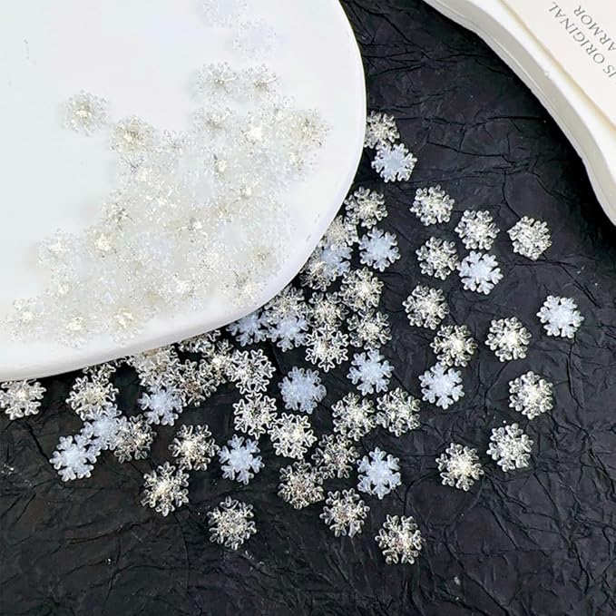 100pcs Snowflake Nail Art Decorations Christmas Iridescent Nail Art Charms White Transparent Snowflake Nail Supplies Mini Flatback Snow Shape Nail Art Accessories for Women Girls Manicure Decoration