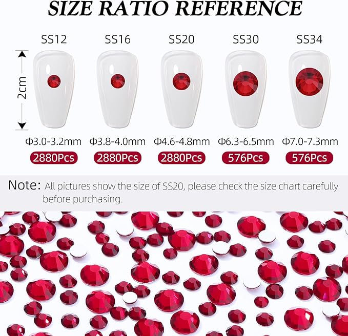 Siam Flatback Rhinestones, Glass Rhinestones for Nail Art and Craft, Glue Fix, Loose Crystal Gemstones(Siam, SS34, 576pcs, 7.1-7.3mm)