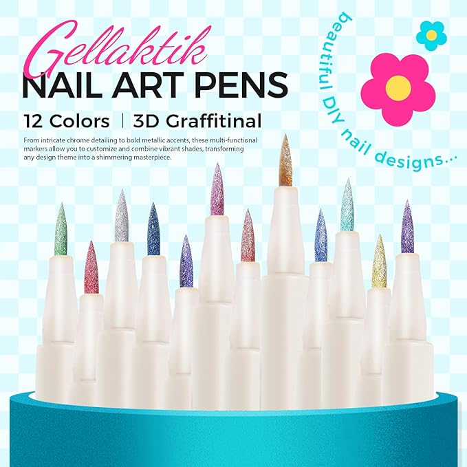12 Colors Metallic Nail Art Pens Set, 0.5mm Nail Polish Pens Acrylic Paint Markers for Nails, Quick-Drying Glitter Nail Polish Pens for 3D Drawing, DIY Manicure Tools for Home & Salon
