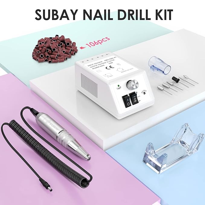 Subay 30,000rpm Efile Nail Drill , Electric Nail File with 106pcs Sanding Bands and Nail Drill Bits Pedicure Manicure Tools for Acrylic Nails,Thick Nails for Nail Salon Supplies Home Use, White