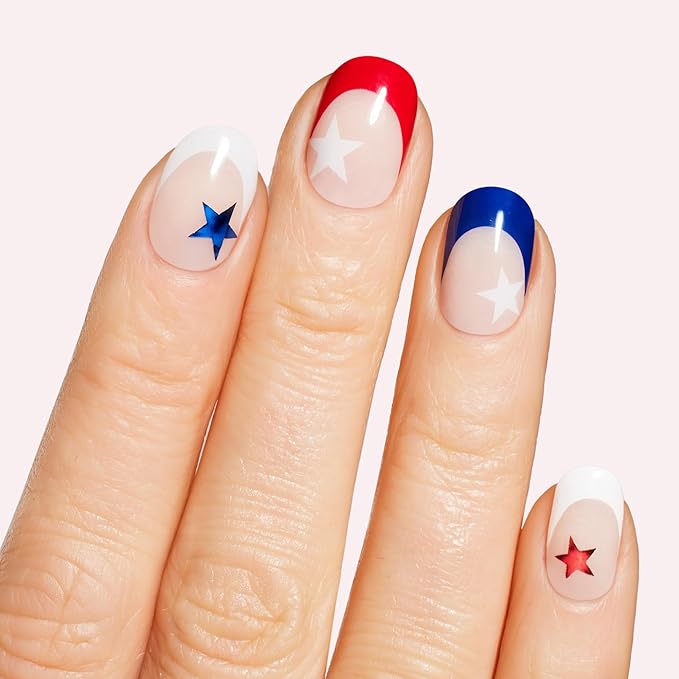Dashing Diva Patriotic Gloss Nail Strips - All American - UV Free, Chip Resistant, Long Lasting Gel Nail Stickers - 3-Piece Manicure Set - Contains 32 Wraps, 1 Prep Pad, 1 File