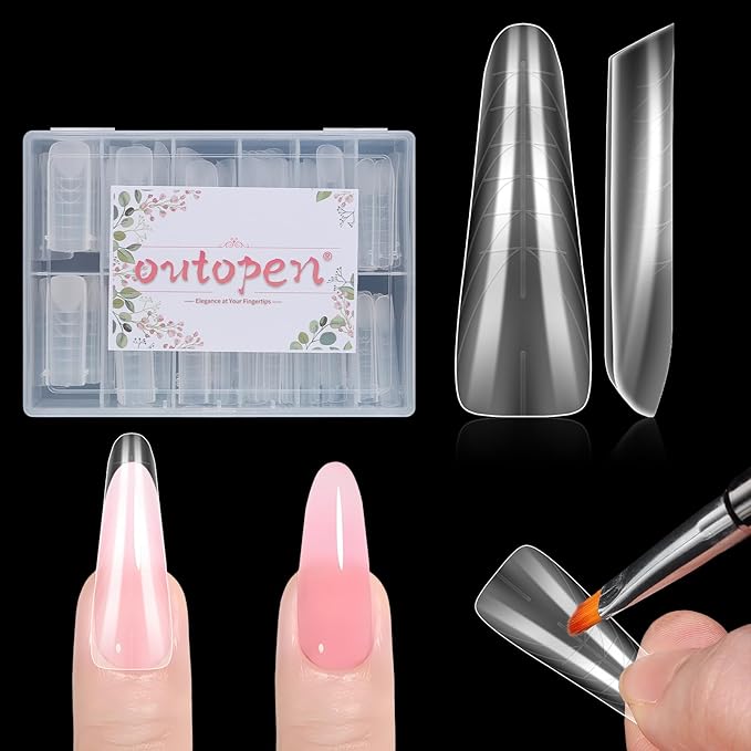 outopen 150pcs Long Straight Stiletto Dual Nail Forms Clear Full Cover Nail Extension Art Mold with Scale Reusable Nail Forms for Polygel Acrylic Extension Beginners DIY Manicure, 15 Sizes