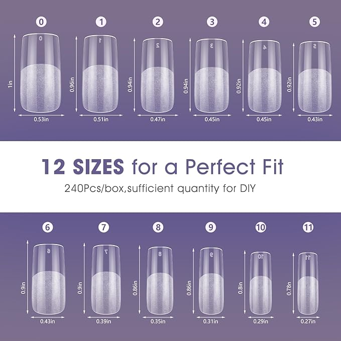 Medium Square Gel Nail Tips:240Pcs Half Matte Soft Clear False Nails Acrylic Square Full Cover Fake Nail Tips for Nail Extension Women Manicure DIY 12 Sizes