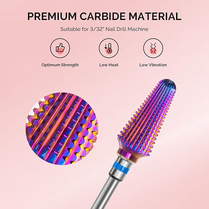 MelodySusie Professional Tornado Nail Drill Bits, 3/32'' Carbide Tungsten Multi-function Bits, Suitable for Manicure Pedicure Cuticle Gel Polishing, Salon Bits, Purple, Series Bit-X, Medium