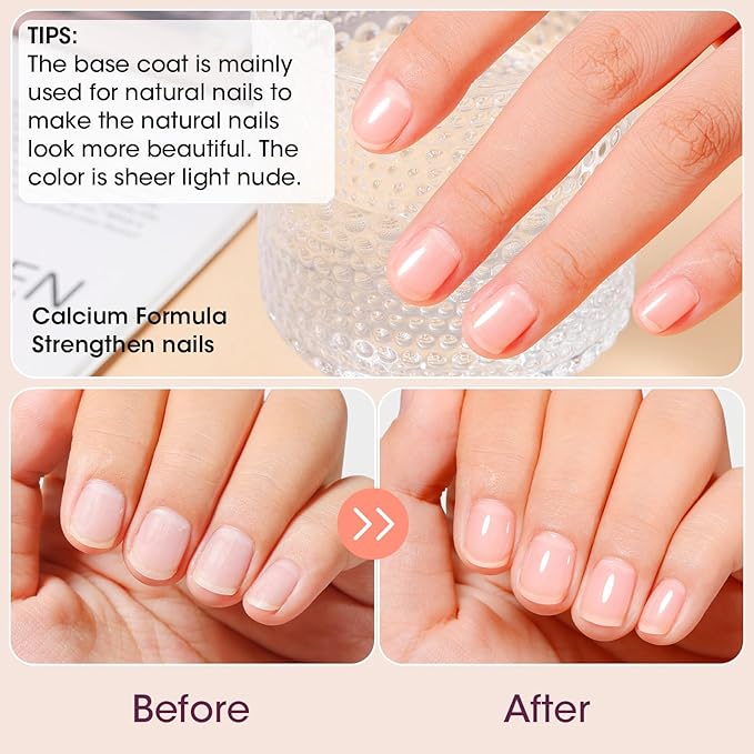 GELLEN Clear Nail Polish Base Coat Sheer Nude, Quick Air Dry Calcium-Formula Regular Nail Polish Strengthens Nails, Enhances Natural Look, Anti-Yellowing, TPO & Hema Free, Non-toxic