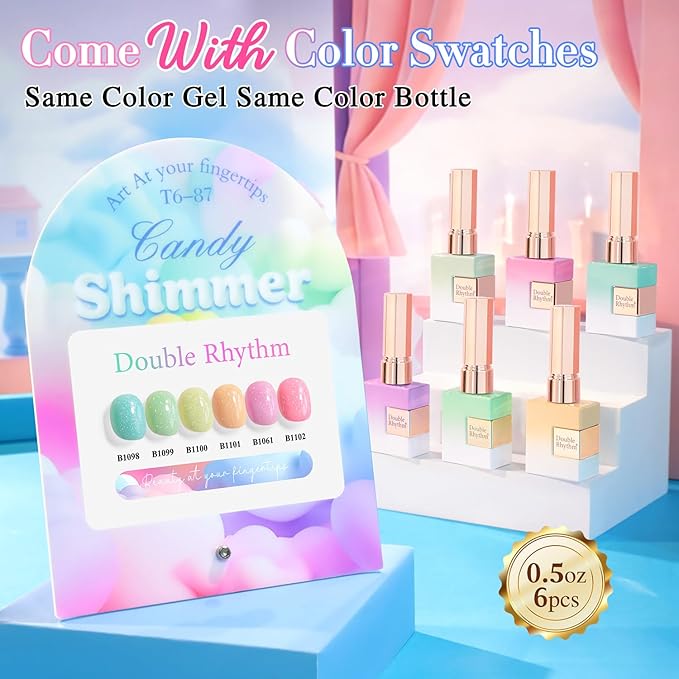 Double Rhythm 6 Pcs 15 ML Glitter Gel Polish Set Same Color Same Bottle Soak Off Gel Polish Kit Nail Art Manicure Salon DIY at Home (Shimmer Pink Green Blue Purple Orange Yellow-T6-87)