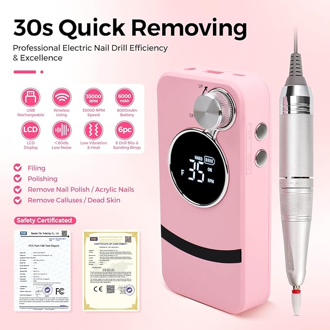Vrenmol Professional Nail Drill Kit: 35000RPM Electric Nail File 6000mAh Portable N ail Drill Machine with Nail Drill Bits for Nail Tech Acrylic Nail Art Manicure Pedicure Salon at Home