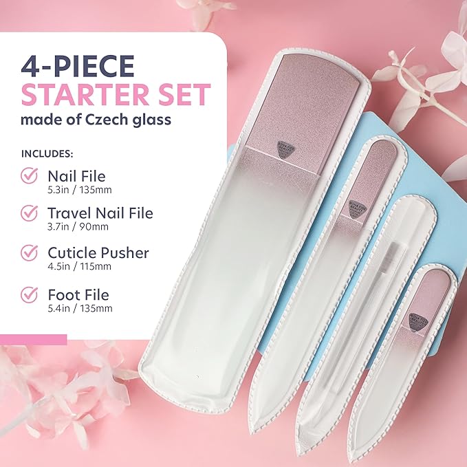 Bona Fide Beauty Handmade Czech Glass Manicure Pedicure Gift Set for Women, 4PC Gift Set in Rose Gold with Glass Foot File, Cuticle Pusher, Mini File and Regular Nail Filer