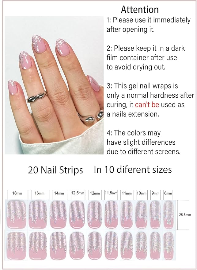 Semi Cured Gel Nail Strips, French Laser 20pcs Adhesive UV Sticker, Wraps for Home Manicure DIY