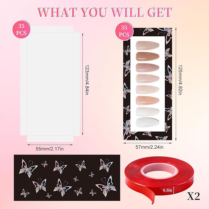 ANGNYA 72PCS Empty Press On Nail Packaging Box Contains 35PCS Butterfly Press On Nail Boxes, 35PCS White Display Cards, 2PCS Double Sided Tapes, Nail Tip Storage Case for Press-on Nail Business