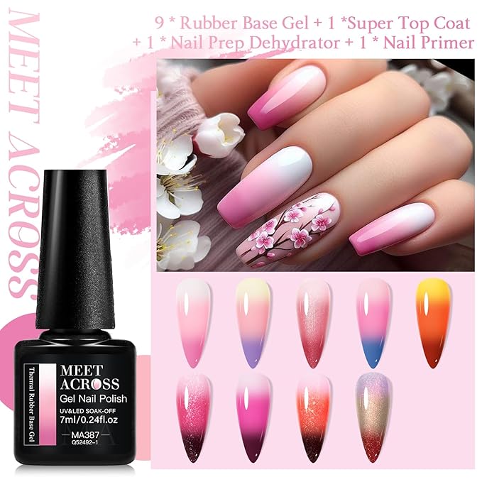 MEET ACROSS 12 Pcs Color Changing Rubber Base Gel Set, Mood Temperature Change Builder Base Nail Gel with Super Top Coat, Prep Dehydrator and Nail Primer, 2-in-1 Soak Off Base Gel Nail Strengthener