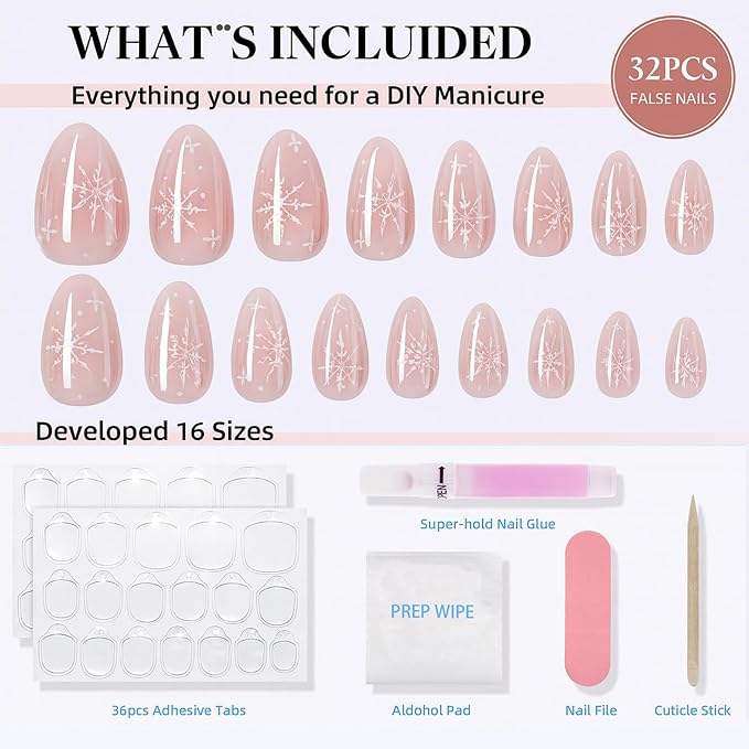 Pink Press On Nails Short Almond with Chrome Accent Design, Glossy Reusable Press On Nails for Women, 32 Count 16 Sizes Nail Kit with Glue (SV-15)