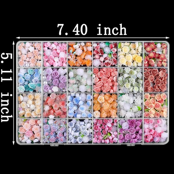 24Grid Random Mixed Flower Nail Charms - Colorful Floral Nail Decor Charms With Pearl Leaves & Resin Camellia Rose Designs
