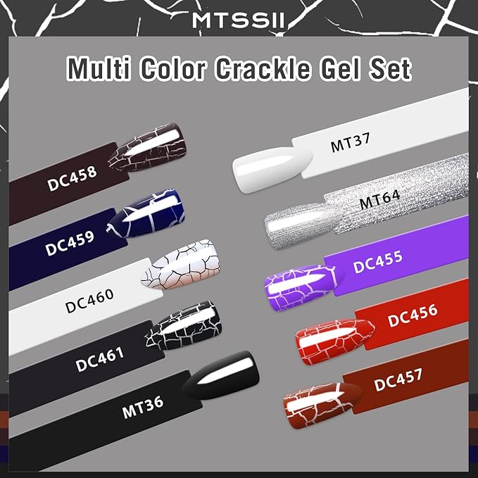 MTSSII 12pc Crackle Gel Nail Polish Set - 7 Colors: Red, Purple, Orange, Pink, Green, Blue + White, Silver, Black - Quick Dry Nail Art Kit - Fall Gift for Women