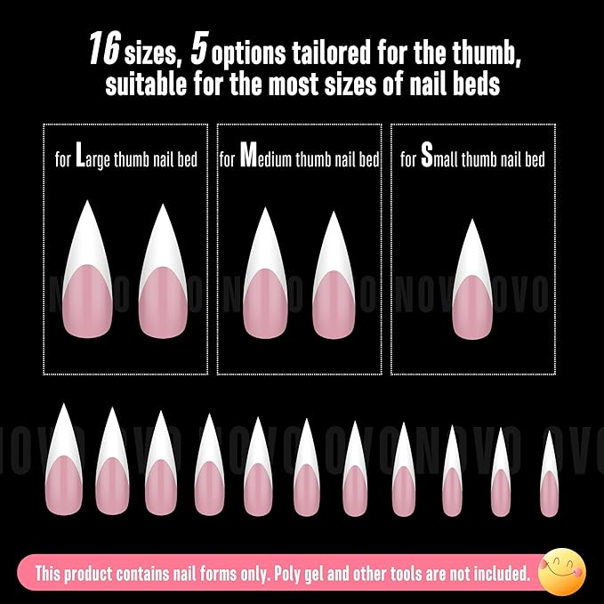NOVO OVO White French Tip Long XL Sharp Stiletto Nail Tips Press on BERRY PINK, Soft Gel Double Matte Fake Nail Extension, Full Cover False Nails for Acrylic DIY x 16 Sizes 160 pcs