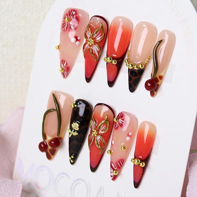 Handmade Press on Nails Medium Almond Fake Nail Unique 3D Floral & Cherry Designs Gold Rose Red Gradient Reusable Flower Stick on Nail Thicked French Tip Acrylic False Nails for Women (S)