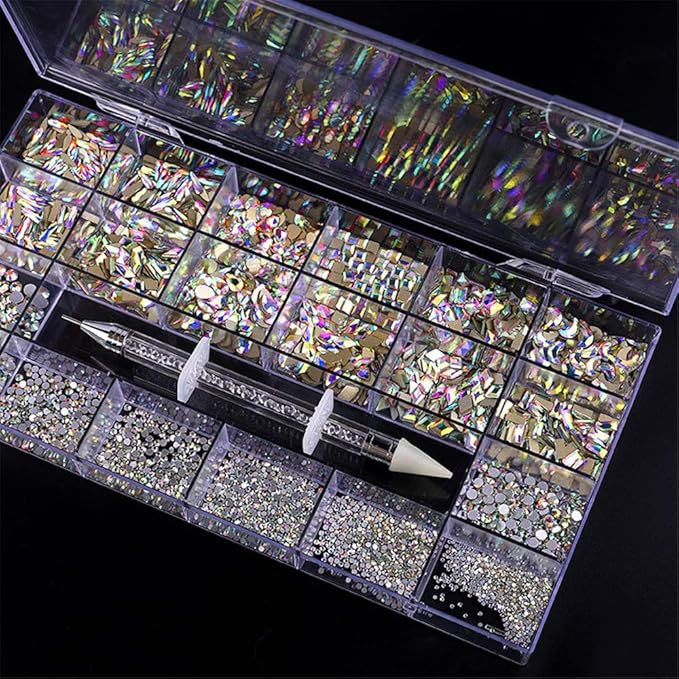 1 Box AB Rhinestones for Nails, 600 Pcs Multi Shapes Nail Rhinestones Nail Gems Nail Jewels with 2500 Pcs Crystal AB Rhinestones Diamonds for Nail Art Craft, Acrylic Nails + Picker Dotting Pen
