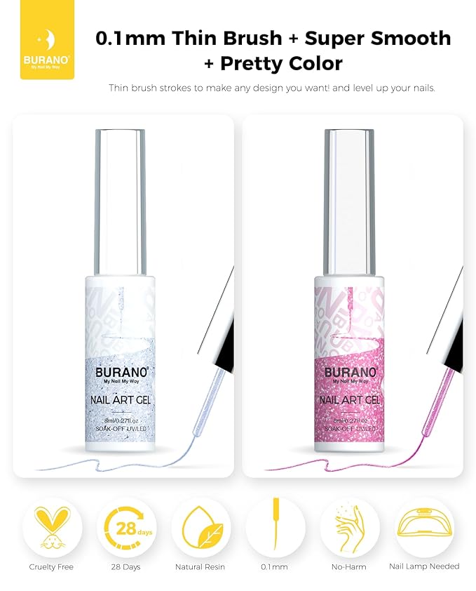 BURANO Gel Nail Polish Liner Nail Art Polish, Silver Gold Painted Gel Nail Design Polish 2 Bottle 8ml, Build in Thin Nail Brush Curing Required LX13 LX28