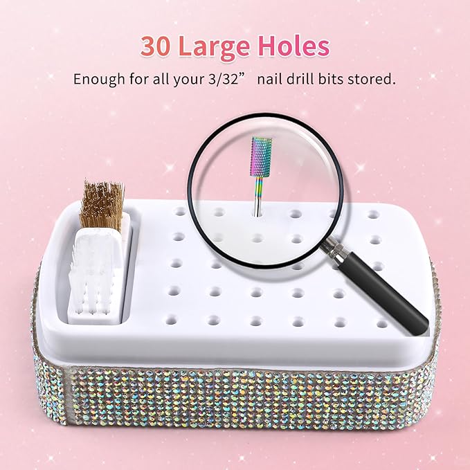 2 in 1 Nail Drill Bits Holder & Cleaning Brush Case,30 Holes Dustproof Nail Art Drill Bits Stand Display Storage Box and Nail Drill Bits Cleaner Manicure Tools Shiny (Multicolor)
