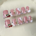 10 Pcs 100% Handmade Press on Nails Duck Medium 3D Cherry False Nails with Glue,3D Flower Luxury Rhinestone Pattern Design Full Cover Glossy Acrylic Nude Pink Fake Nails for Women（Size S）