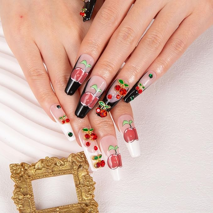 LOVFUL Press on Nails My Sweetie French Tip | Handmade with Full Covered Crystals | Reusable Full Cover Nails | Coffin Classic Regular 1.3 in | H162-S