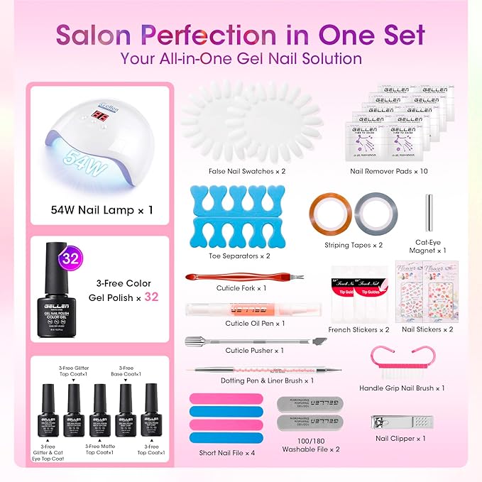 GELLEN 71pcs Gel Nail Polish Kit with U V Light, 32pcs All Seasons Color Hema-Free GelNail Polish Set with 5pcs Functional Gel Top and Base Coat, Nail Art Manicure Salon Nail Kit for Women