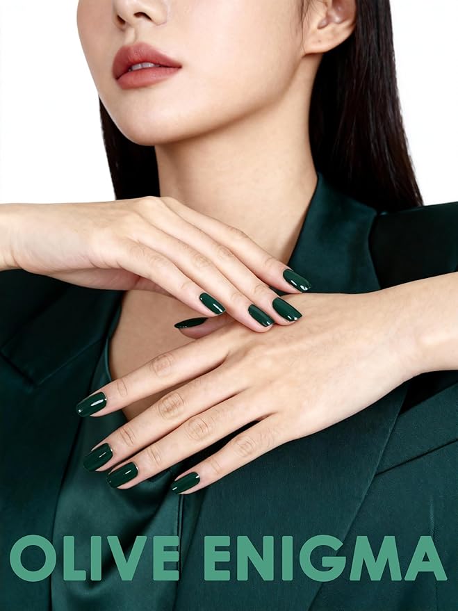 Semi Cured Gel Nail Strips – Real Gel Nail Polish Wraps for Brittle Nails | Long Lasting Easy Peel-Off Removal | Hema-Free | 20-Piece Solid Dark Green Salon Sticker Kit with File & Stick