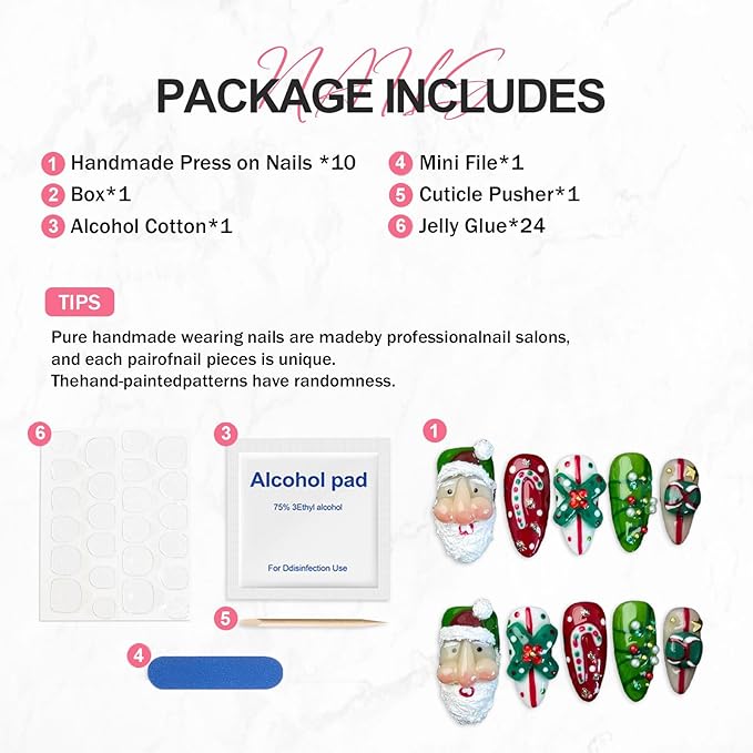 Christmas Press on Nails Short Almond False Nails Luxury Thick Handmade 3D Pearl Rhinestone Design Muti-Layer Gel Xmas Santa Claus False Nails Full Cover Christmas Acrylic Nails for Women (Size M)