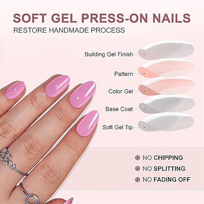 RTKHFZE Press On Nails Short - Soft Gel Pastel Almond Fake Nail Kit With Glue, 32 Pcs Reusable False Nails in 16 Sizes, Perfectly Fitting for Gift Idea