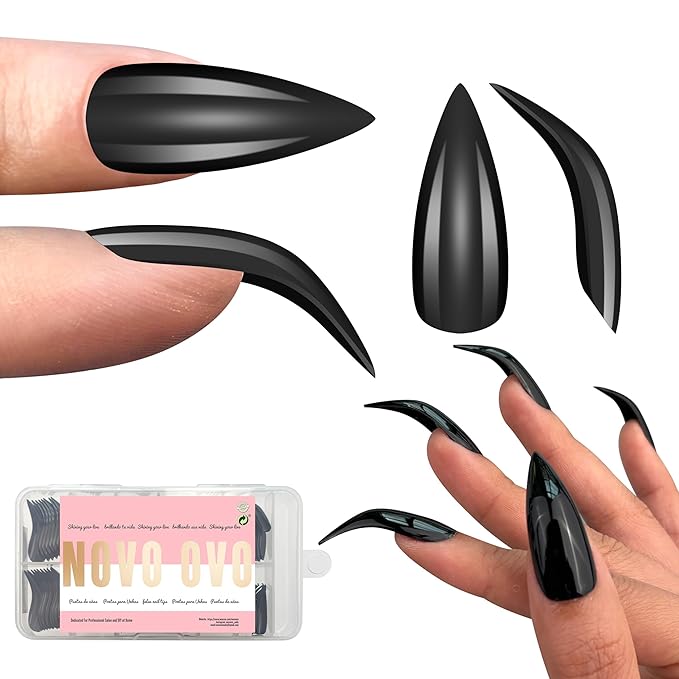 NOVO OVO Halloween Black Nail Tips Curved Stiletto, Full Cover Gel x Extension kit for 3D Eagle Claw nails, Extra Thick Hawk Deep Curve Almond French Tips Soft False Fake Acrylic Nail 12 Size 120pc